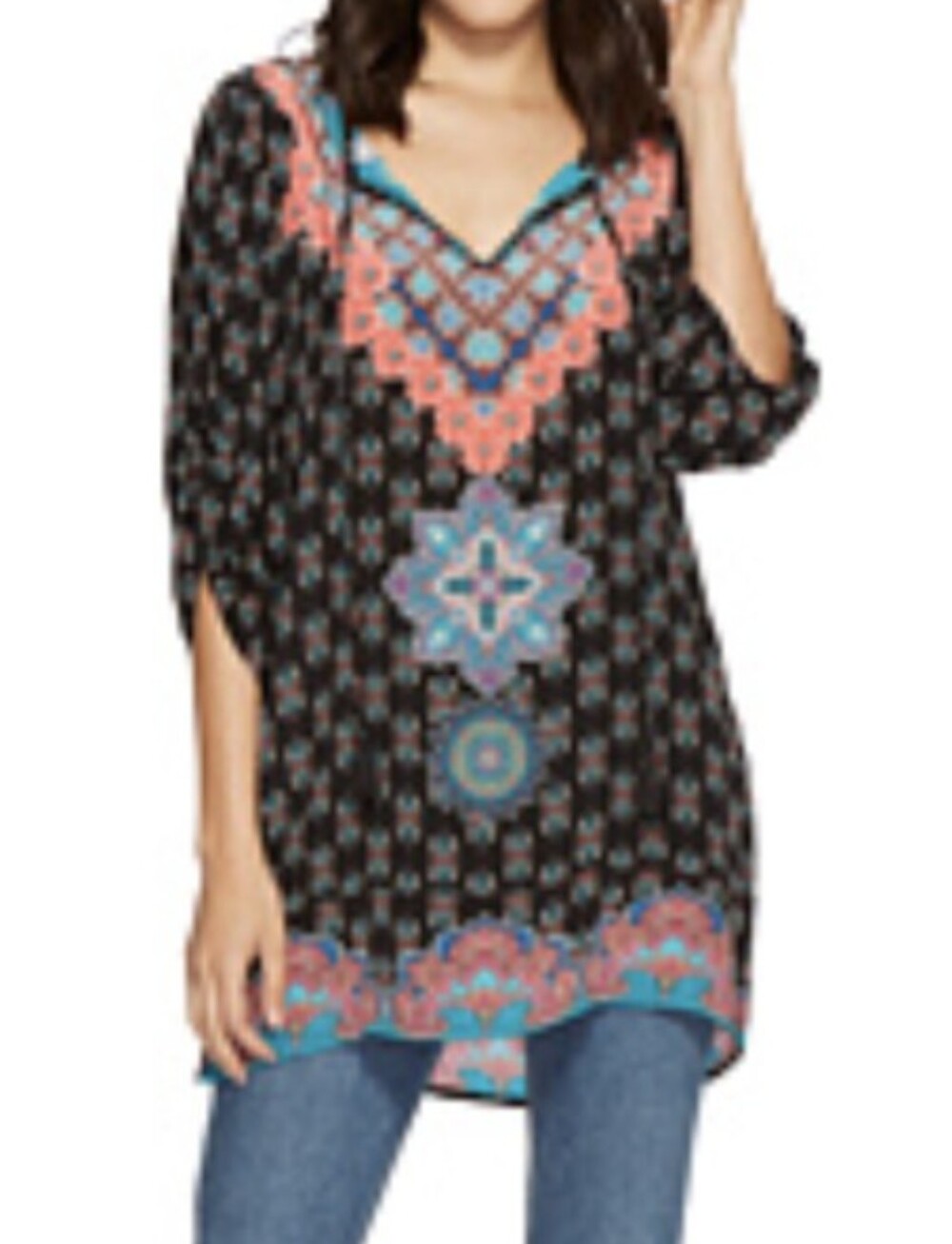 Tolani Black Boho Tunic with Coral and Teal Accents | Size XL